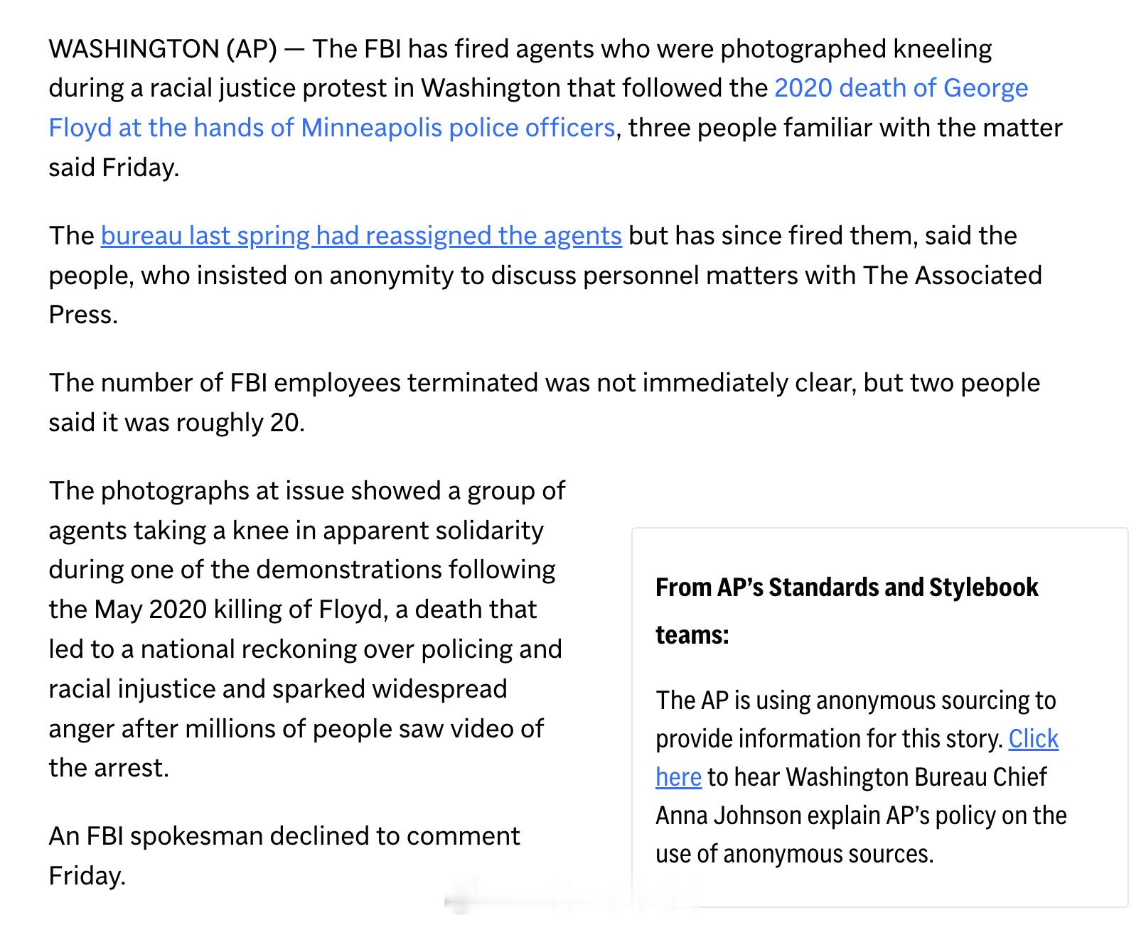 FBI已正式解雇一批探员。这些探员曾在2020年弗洛伊德事件后的反种族歧视抗议活