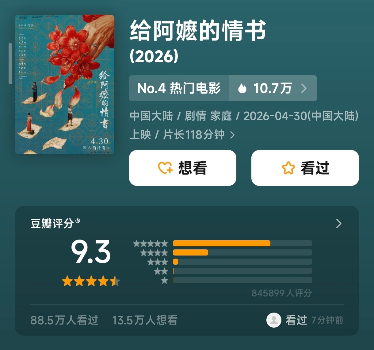 刚刚，《给阿嬷的情书》豆瓣涨至9.3分