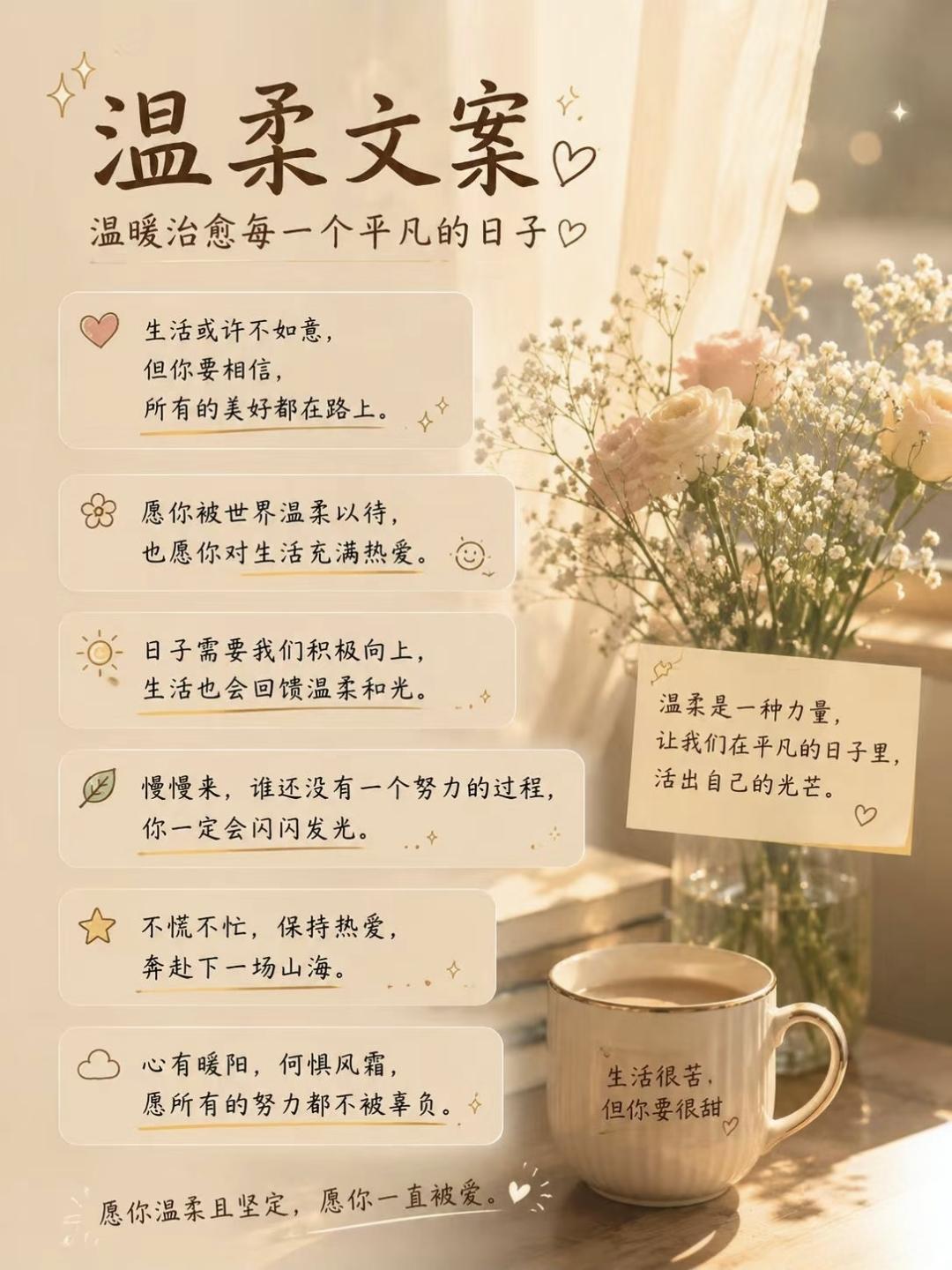 温柔文案，温暖治愈每一个平凡的日子
 
生活或许不如意，
但你要相信，
所有的美