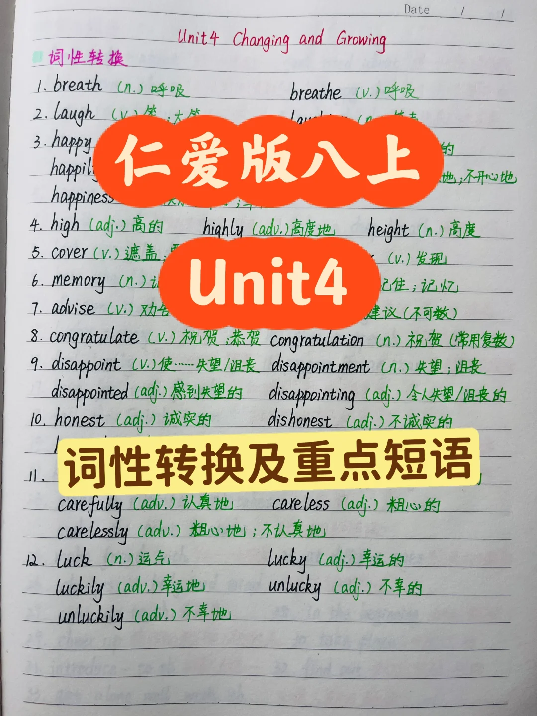 仁爱版八上Unit4词性转换及重点短语