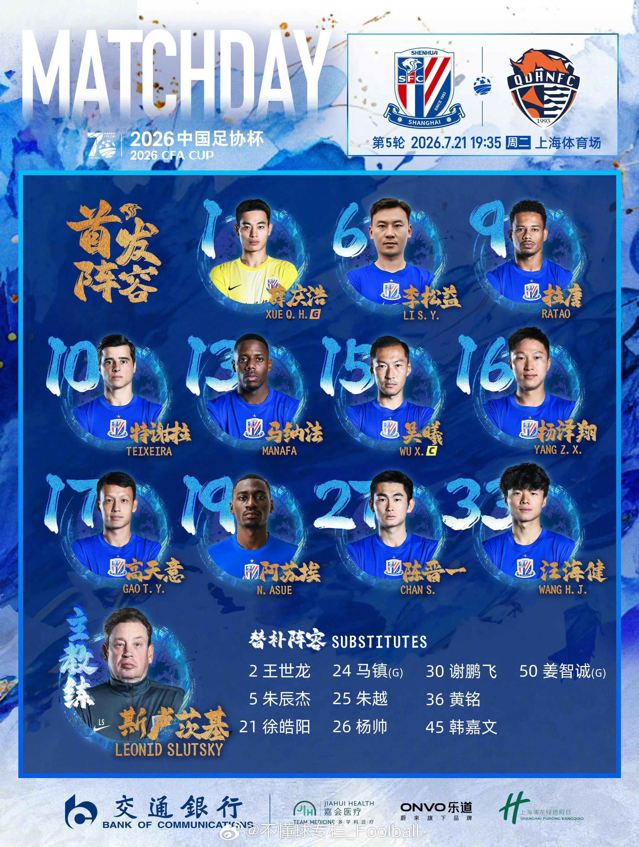 杨帅替补，李松益首发，搭档应该是陈晋一。朱辰杰替补。上海申花足协杯