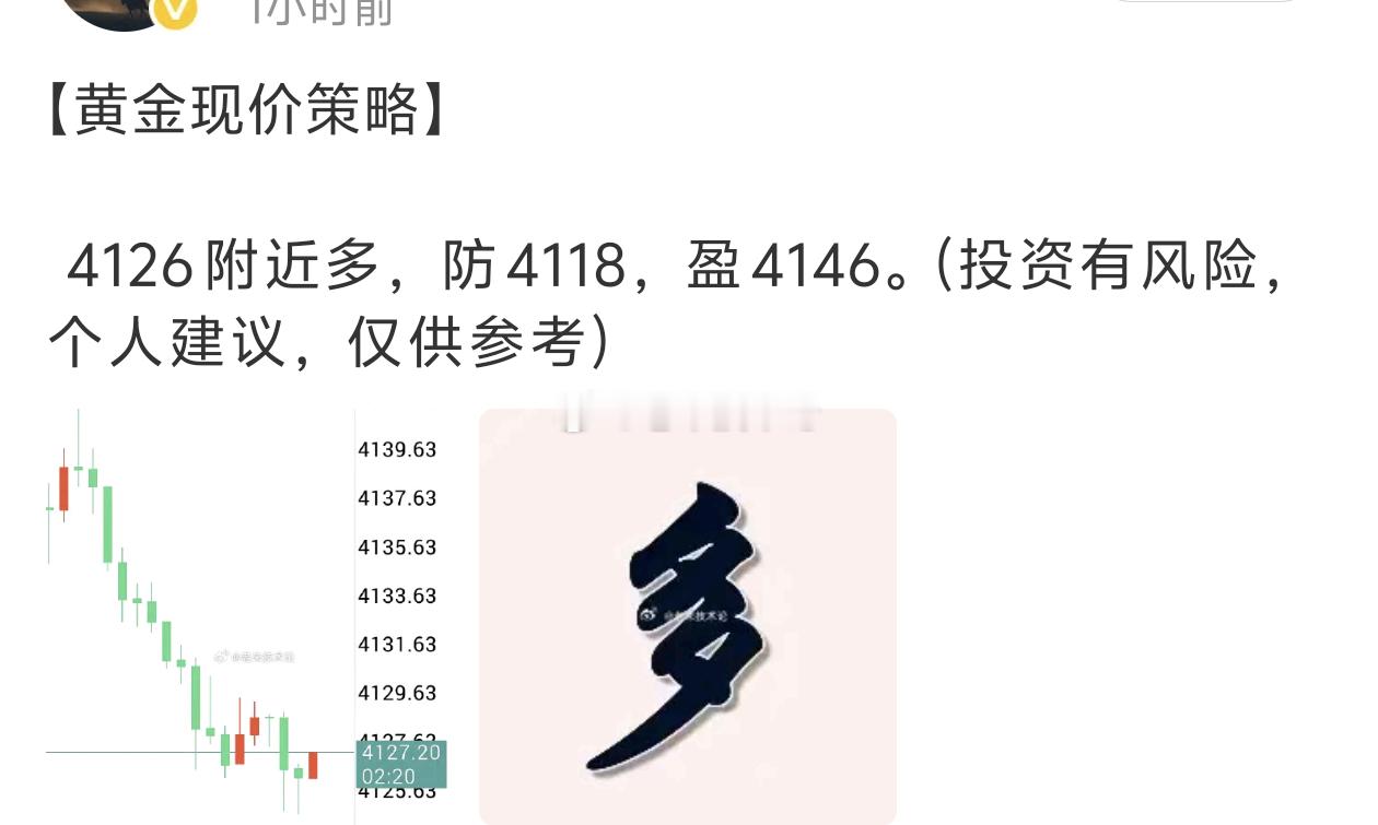 【黄金多单获利离场】黄金4126附近进多，行情如期上涨获利离场。今日开门红成功拿