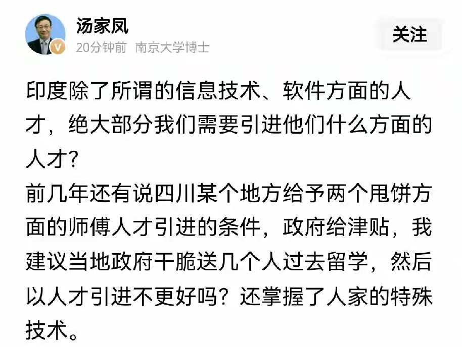 汤家凤这话说得太扎心了，直接把之前那桩“飞饼师傅评外籍专家”的荒唐事又拽回了大家
