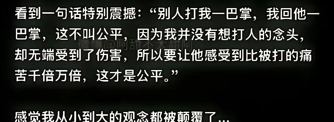 看到一句话特别震撼：“别人打我一巴掌，我回他一巴掌，这不叫公平，因为我并没有想打