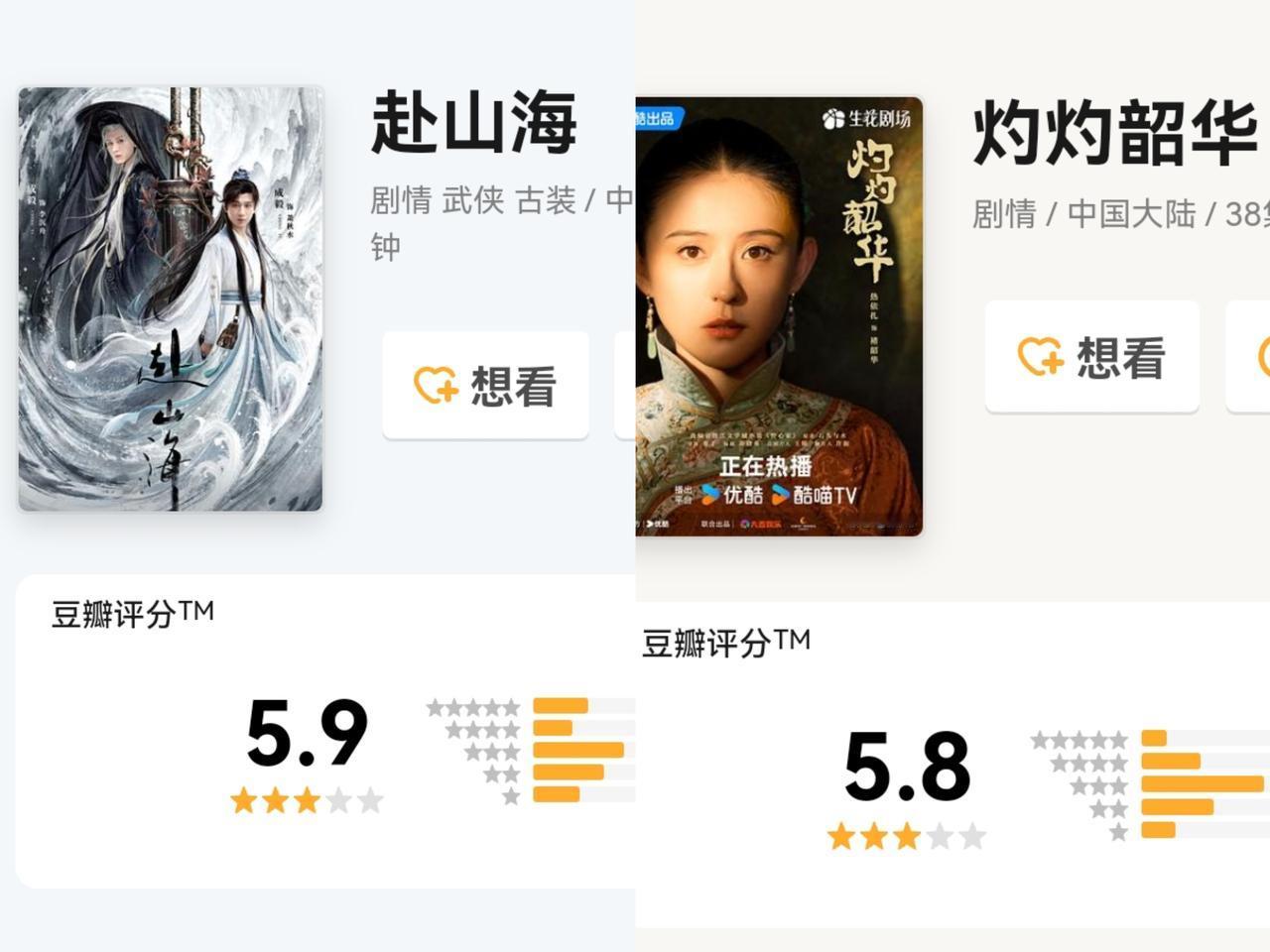 这两部同期播出的剧，都是热度高，但评分低，一个5.9分，一个5.8分，谁也别嫌弃