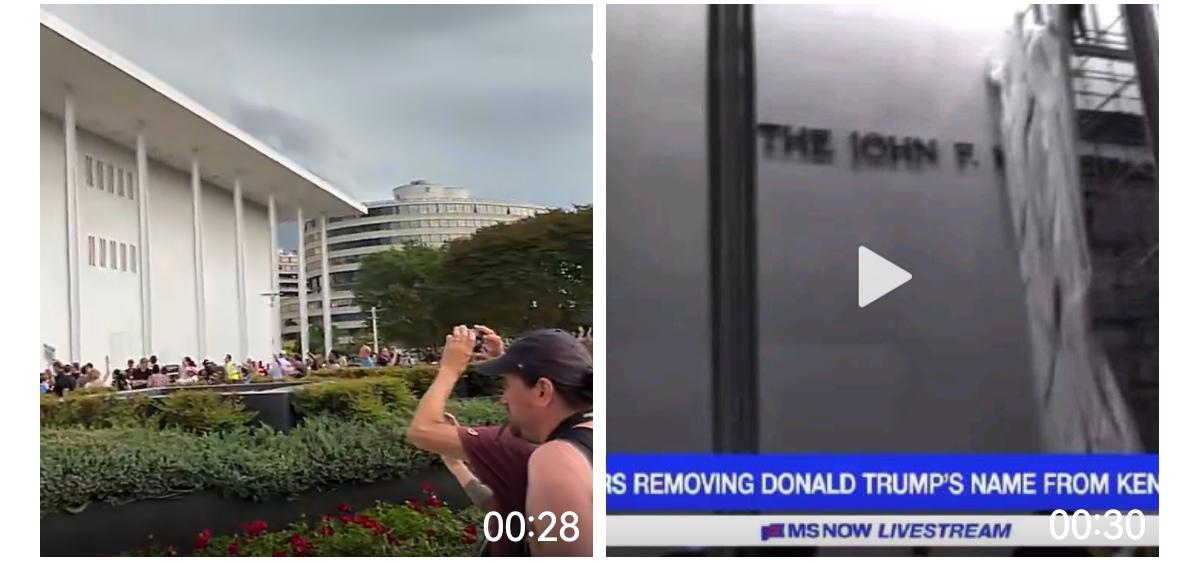 美国肯尼迪中心现场，工人们正把墙上的“唐纳德.特朗普”的名字从墙壁上拆除，围观人