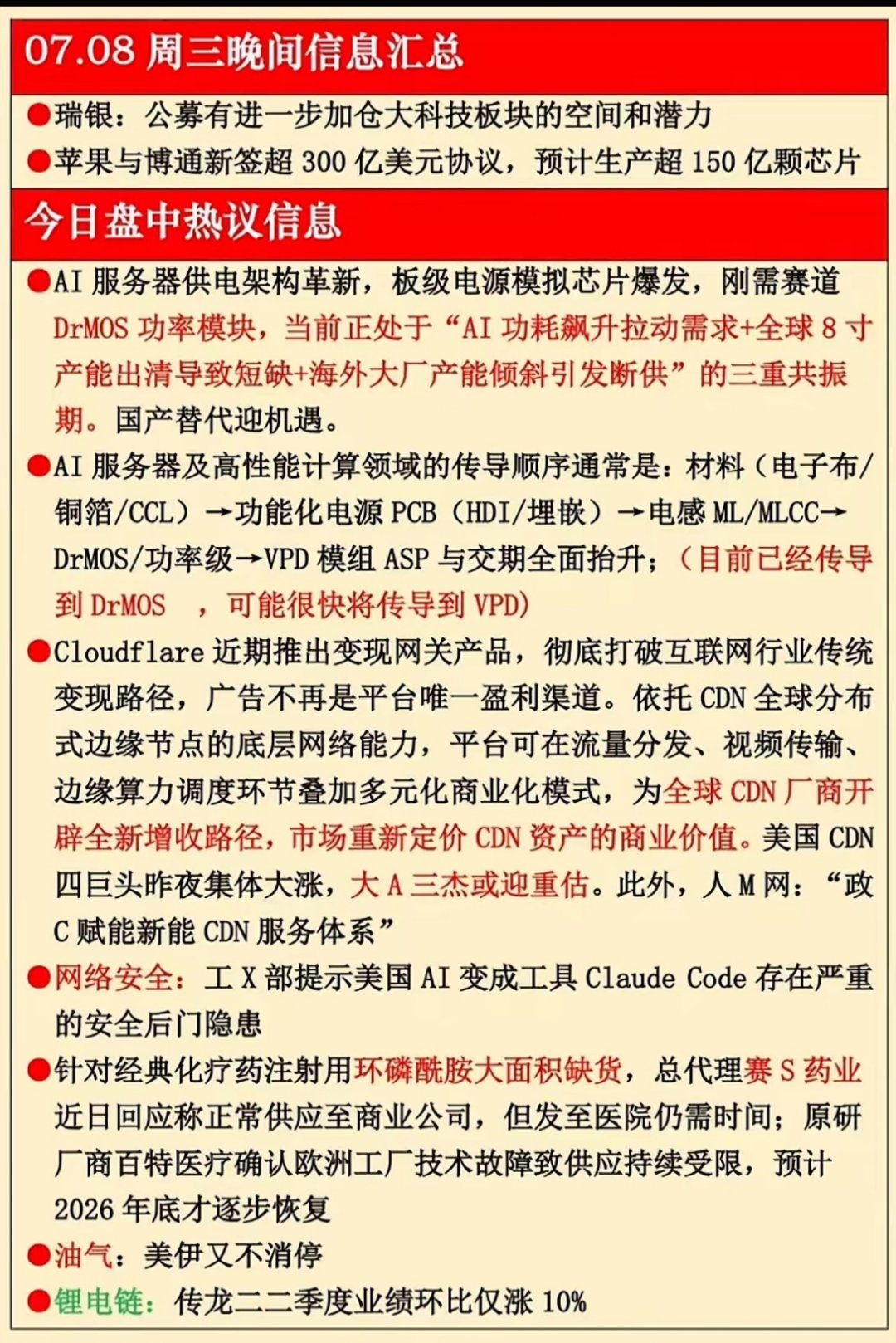 7月8日周三晚间信息速递！AI芯片爆发，CDN迎来重估，这波科技红利别错过呀～周