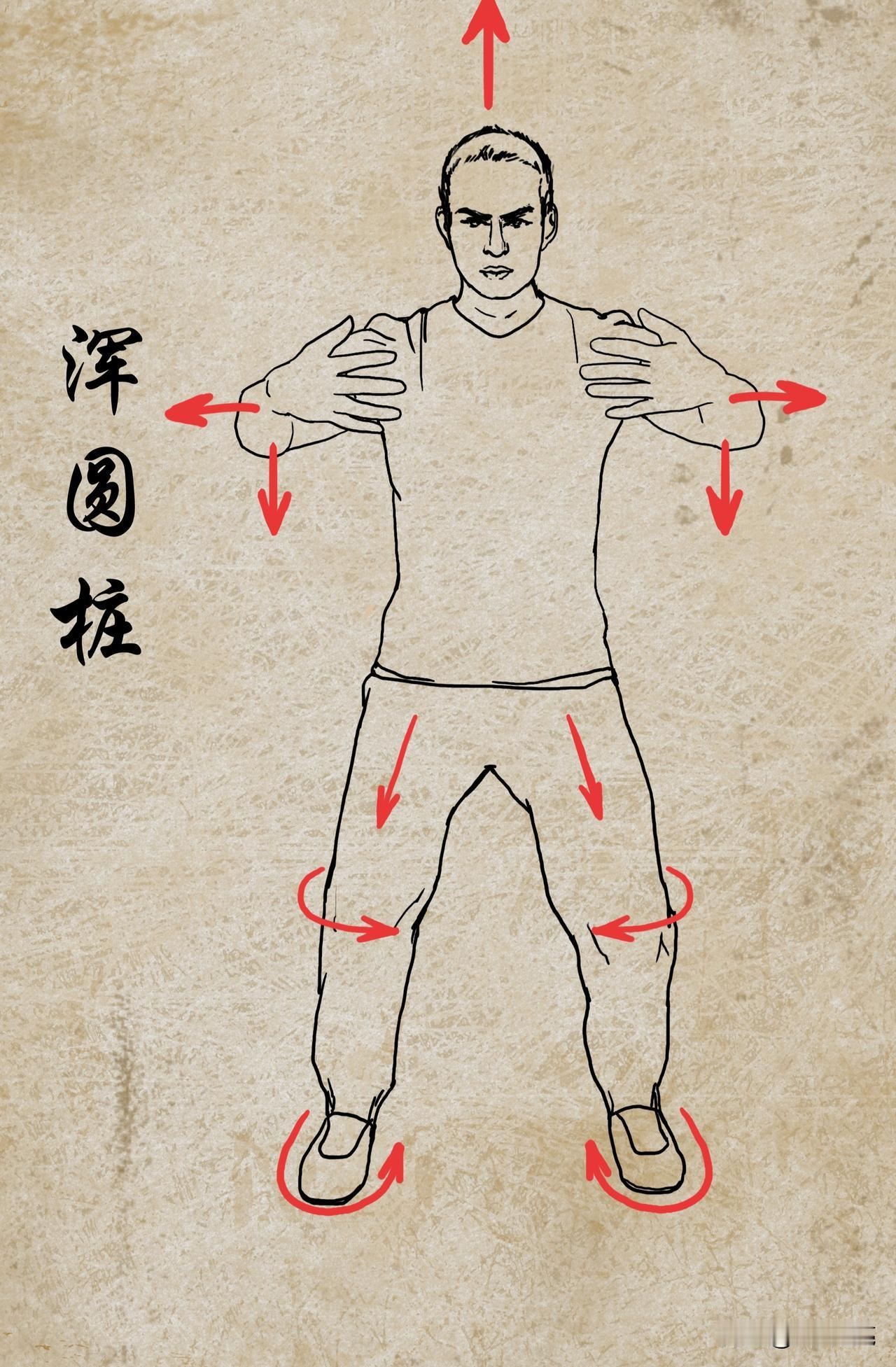 王芗斋站桩十诀
（前辈秘诀，与与同修共勉）
发系云天脚踩地，
两臂松沉抱球圆。