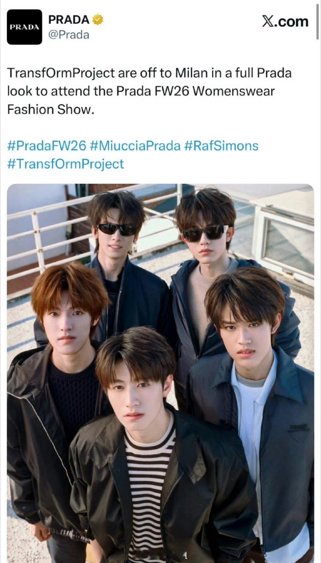 Prada的外网认领了top登陆少年，五位刚出道不久的少年也算是走出国门了，这时