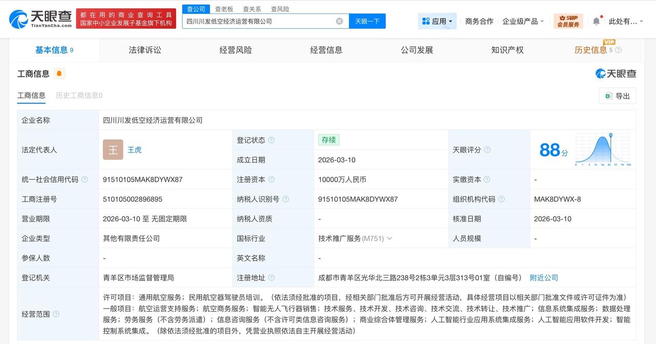 中无人机等成立低空经济运营公司 注册资本1亿

天眼查工商信息显示，近日，四川川