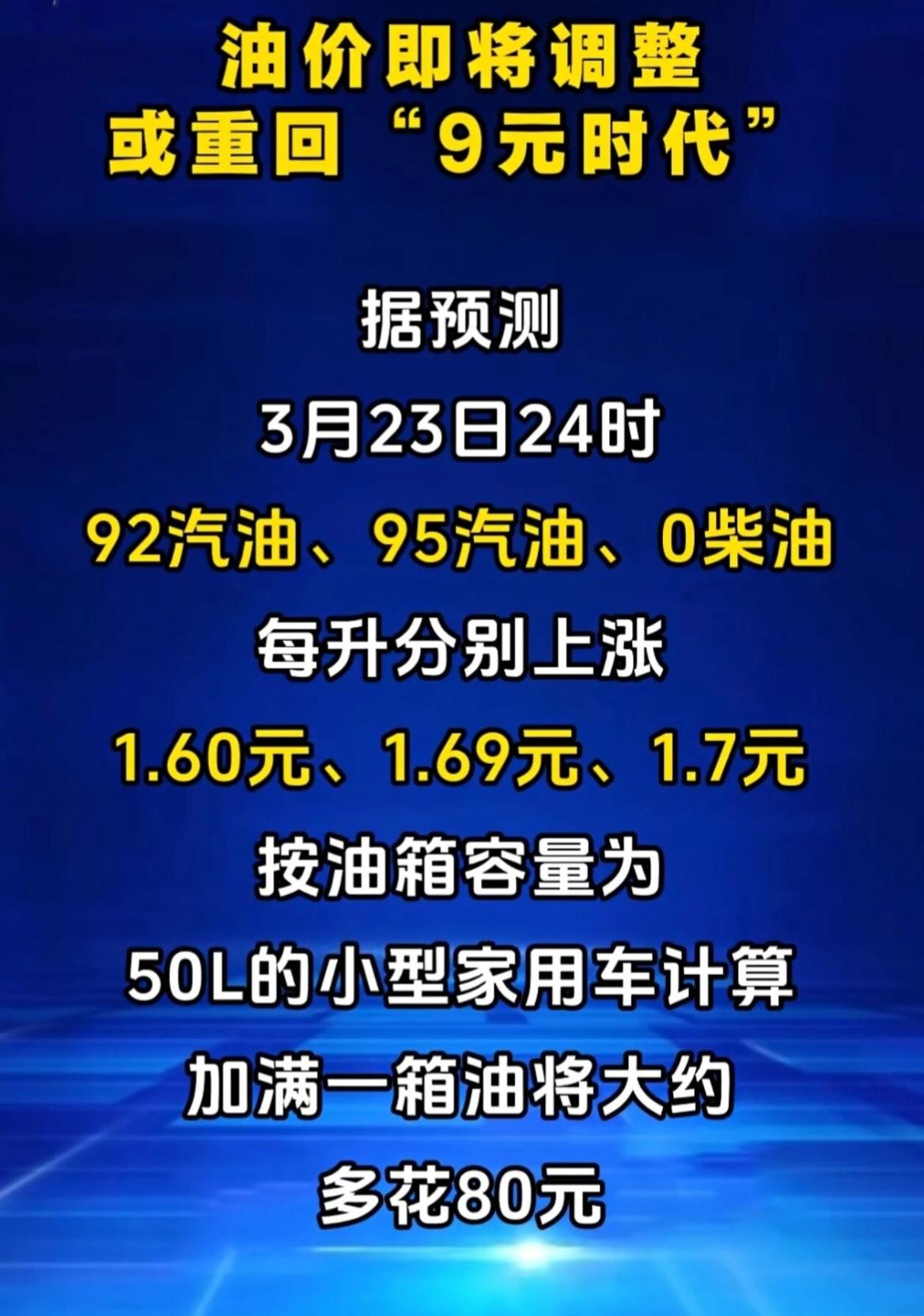 油价又要涨！92号突破9元、95号突破破10元，加满一箱多花近90块！
 
3月