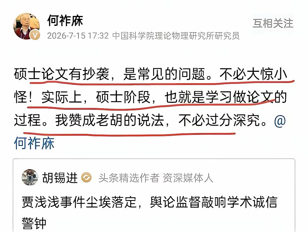何祚庥院士：硕士论文有抄袭，不必过分深究。
何祚庥在评论胡锡进关于贾浅浅因论文抄
