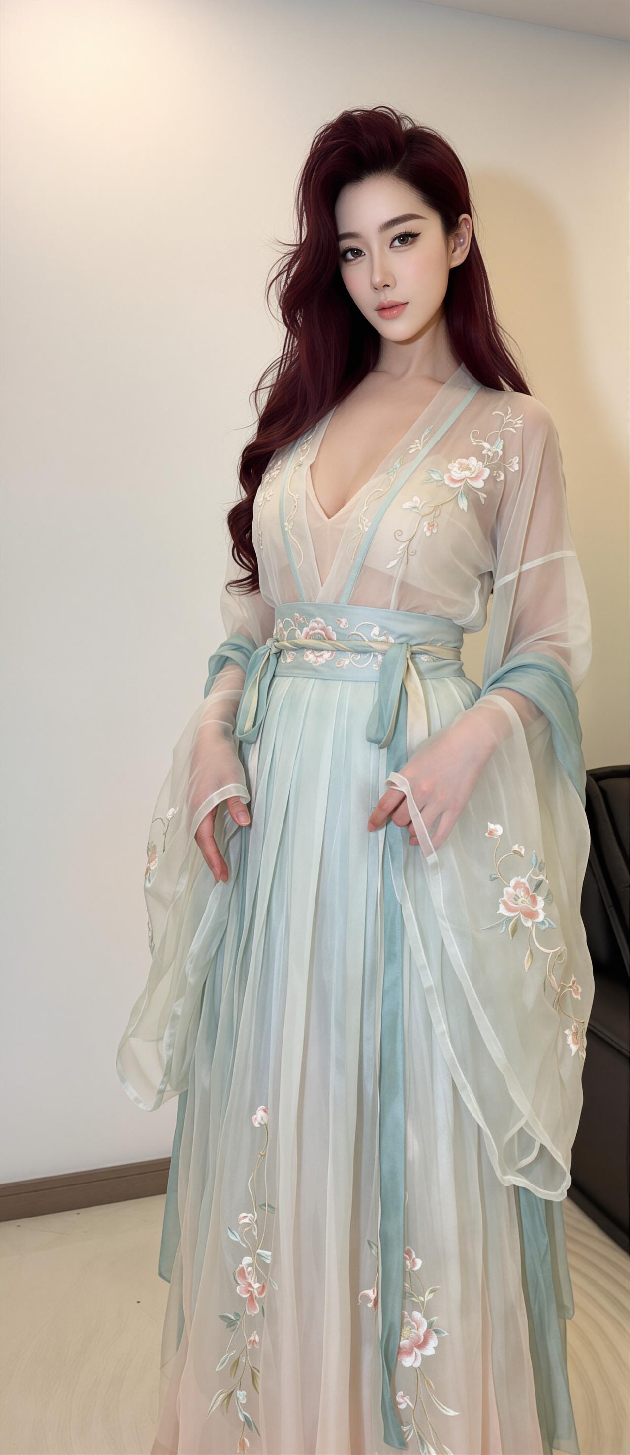 红发少女，一袭淡雅蓝裙，宛如画中仙子，惊艳了时光。