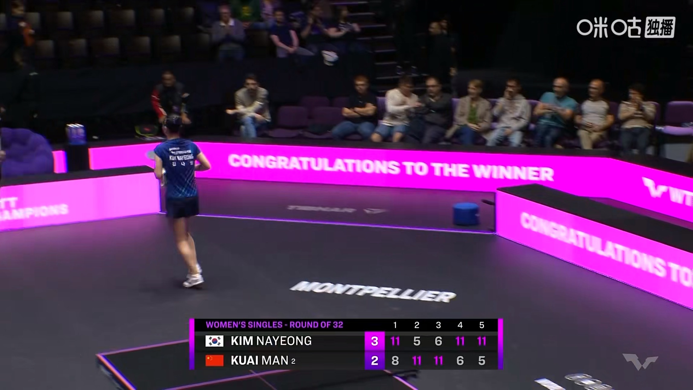 蒯曼2比3金娜英(8-11，11-5，11-6，6-11，5-11)止步蒙彼利埃