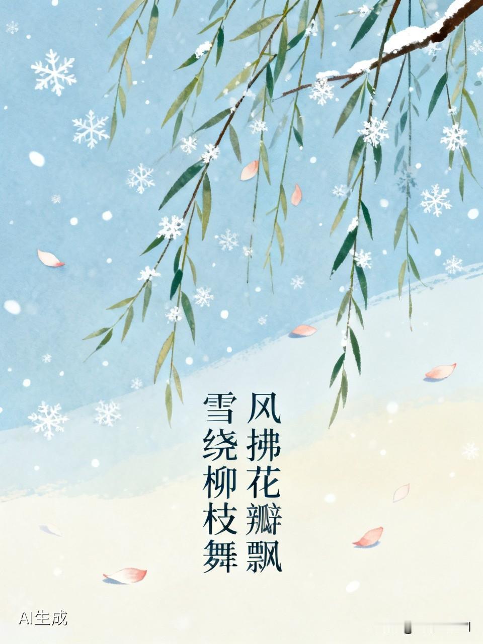 瞧见“雪绕柳枝舞”这上联，我顿时来了兴致。雪能与雨、霜、云、雾等相对，我对“风拂