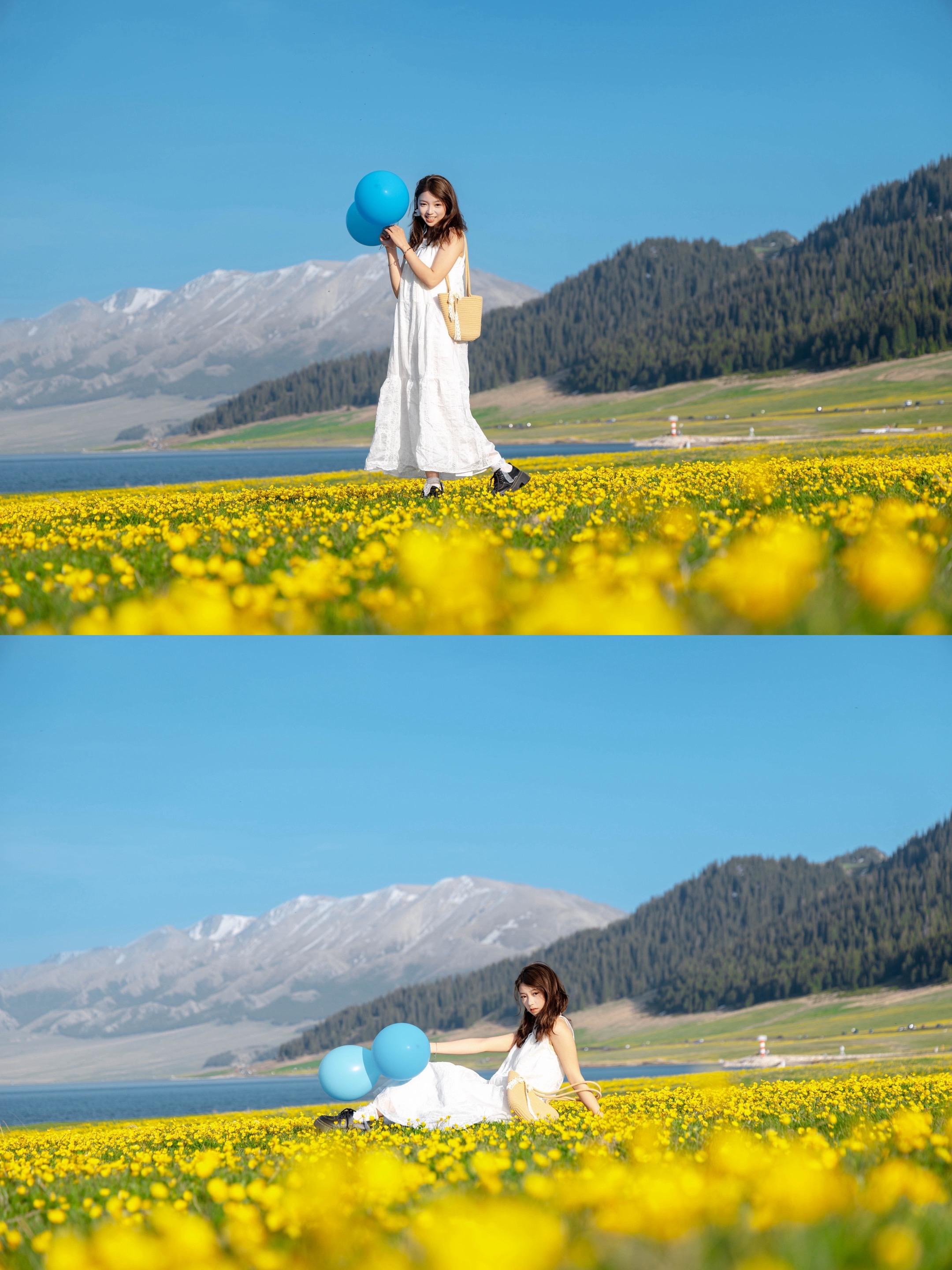 这不是气球，是把赛里木湖蓝拿在手里🔵。🌸现在的赛里木湖花开满地  ...