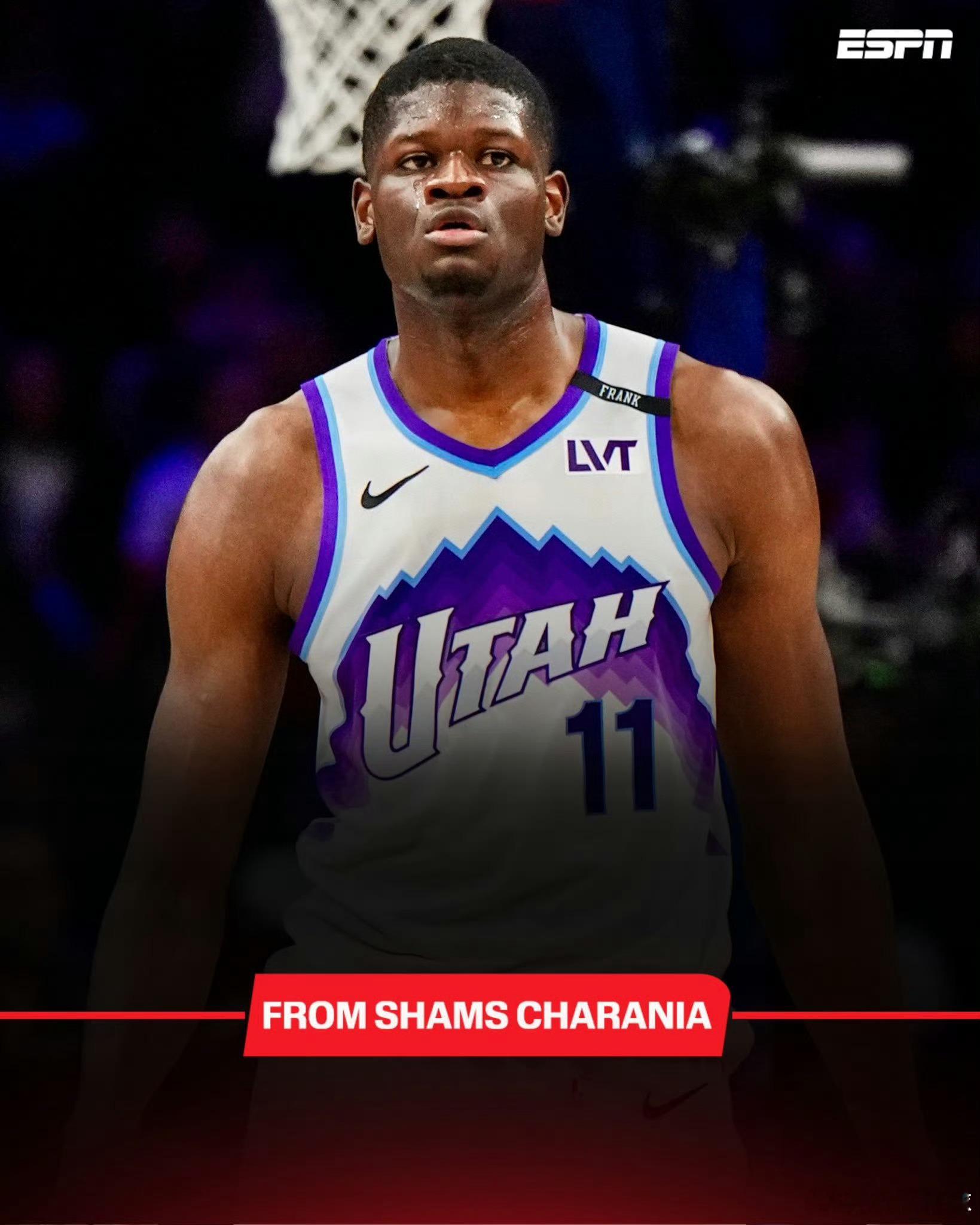 Shams：班巴已同意签下一份为期两年的合同，重返犹他爵士队。nba自由市场