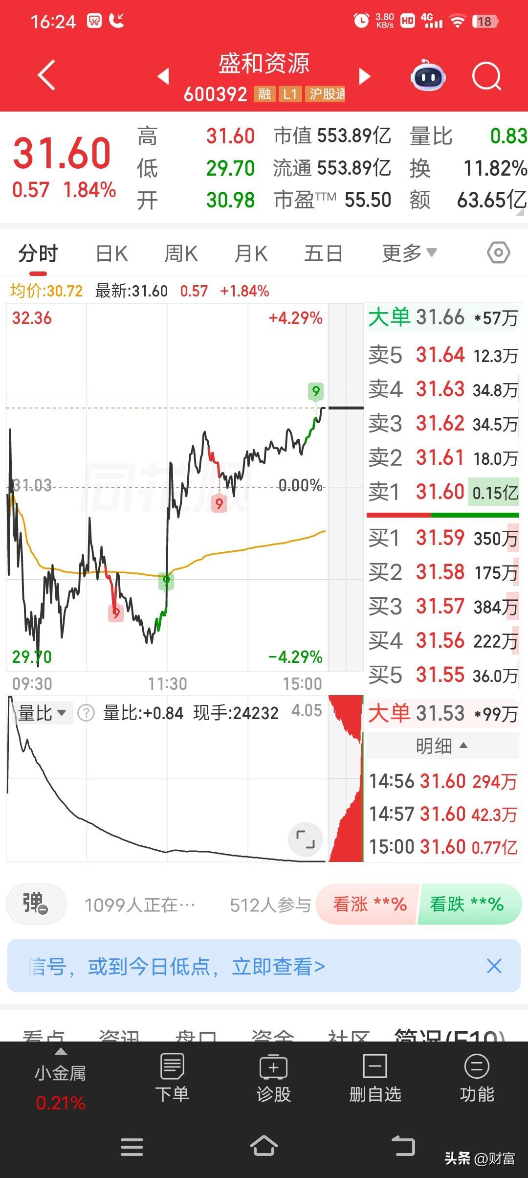 盛和资源最新股价31.60，这走势挺让人关注的。6月24日它涨了1.84%，成交