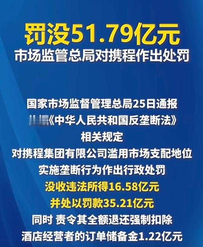 携程因滥用市场支配地位实施垄断行为被罚没款合计51.79亿元！好家伙，这在行业类