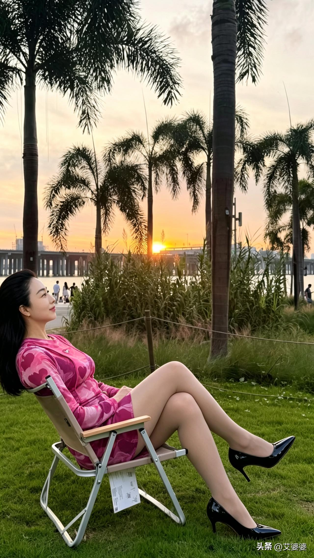 江畔暮闲
 
落日熔金染远桥，椰风轻拂绿芜遥。
闲倚藤椅观霞色，漫赏清波听晚潮。