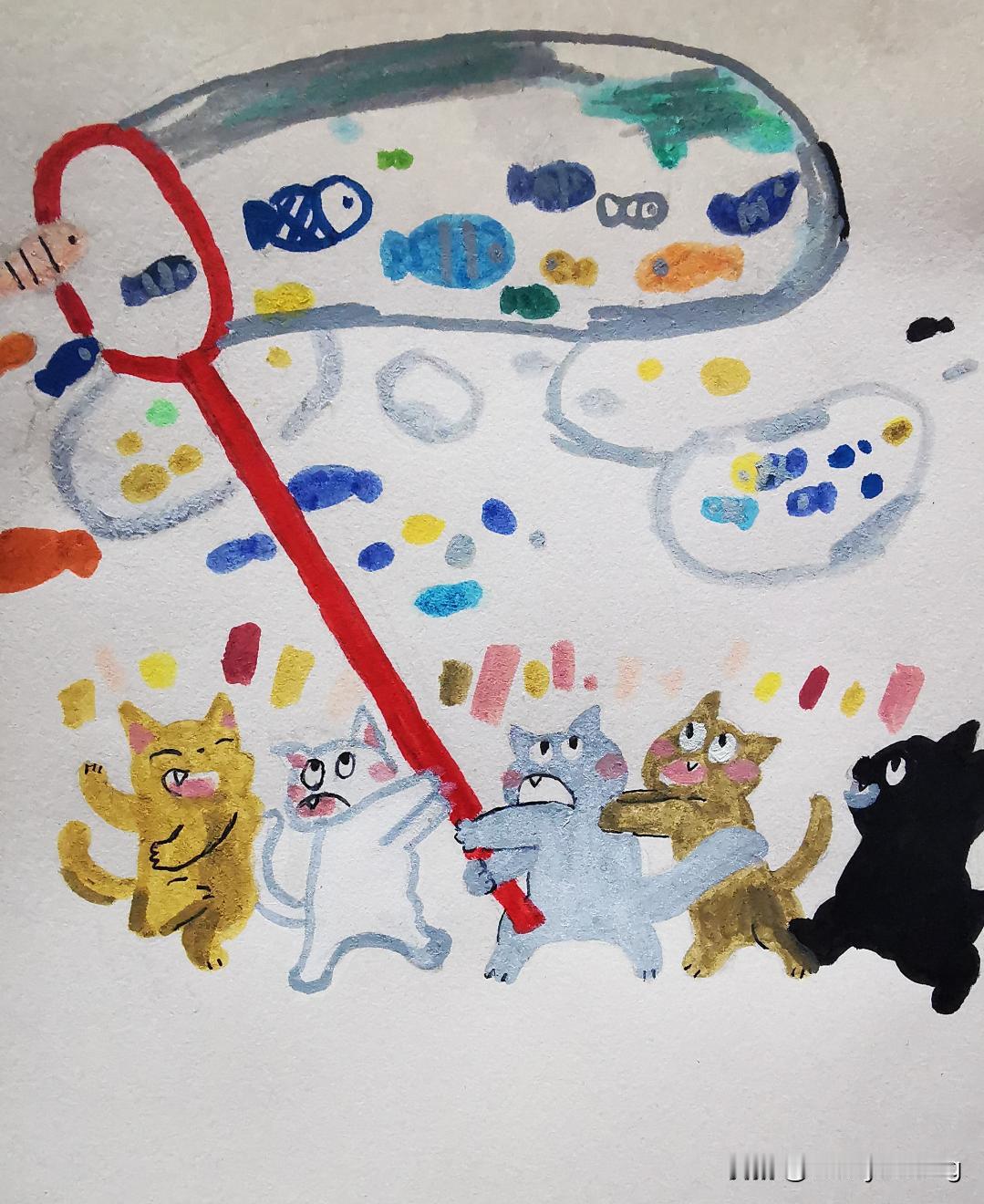 晒图笔记大赛孩子画的小猫捉鱼，㊗️大家年年有鱼[比心]