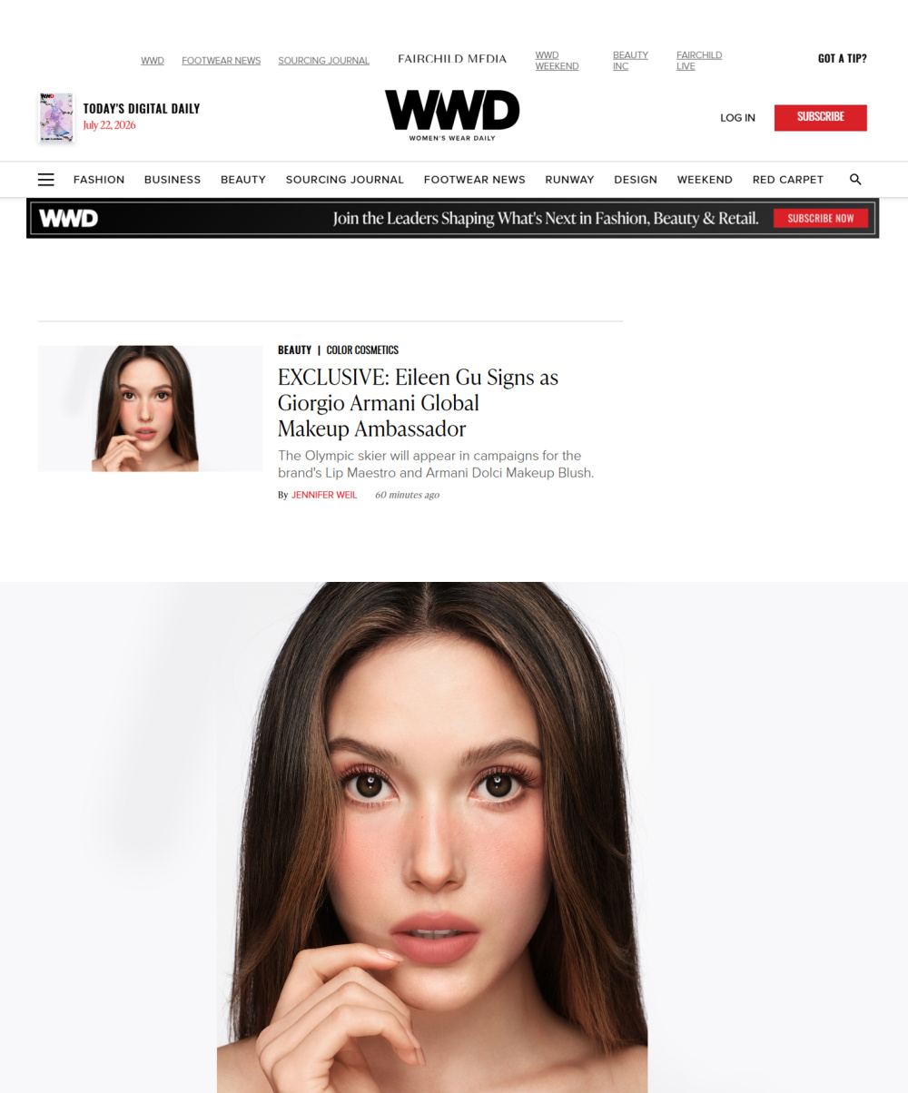 权威媒体 WWD 率先独家官宣哈 ！Armani Beauty 正式签下奥运冠军