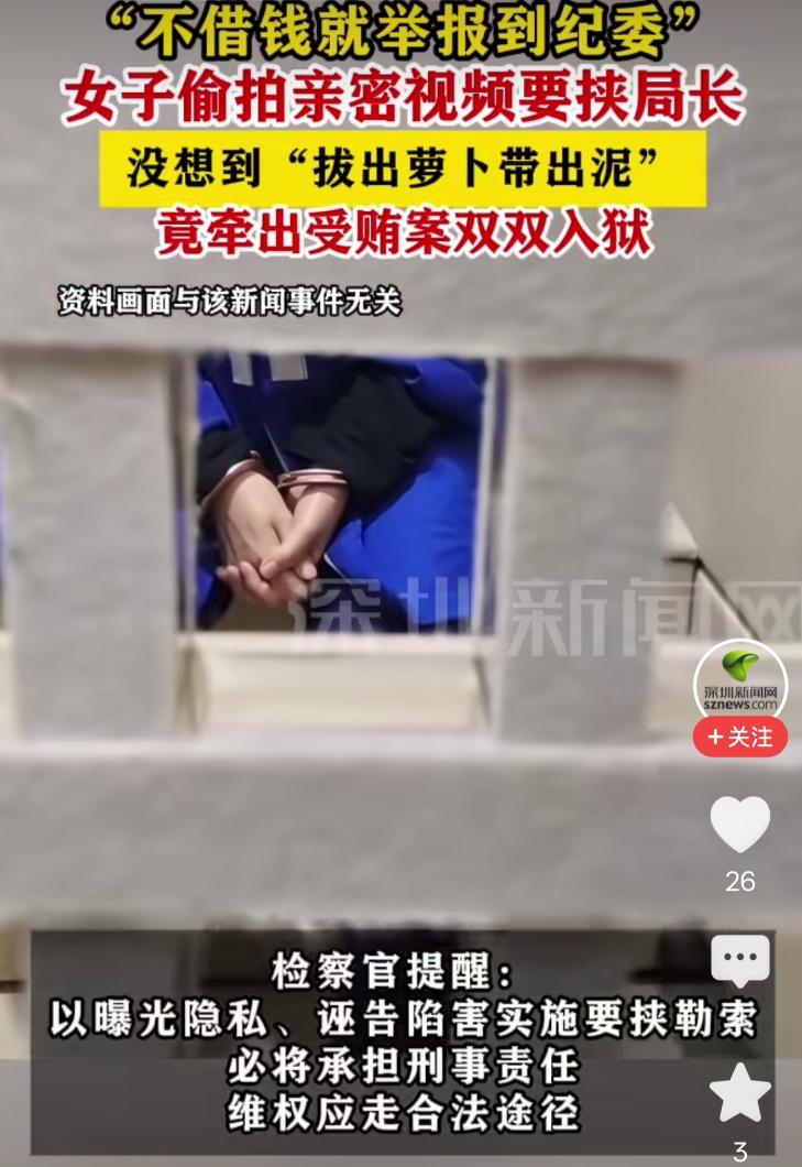 女子偷拍与局长亲密视频，敲诈1万元不成反将视频交纪委，意外牵出局长受贿案。9月8