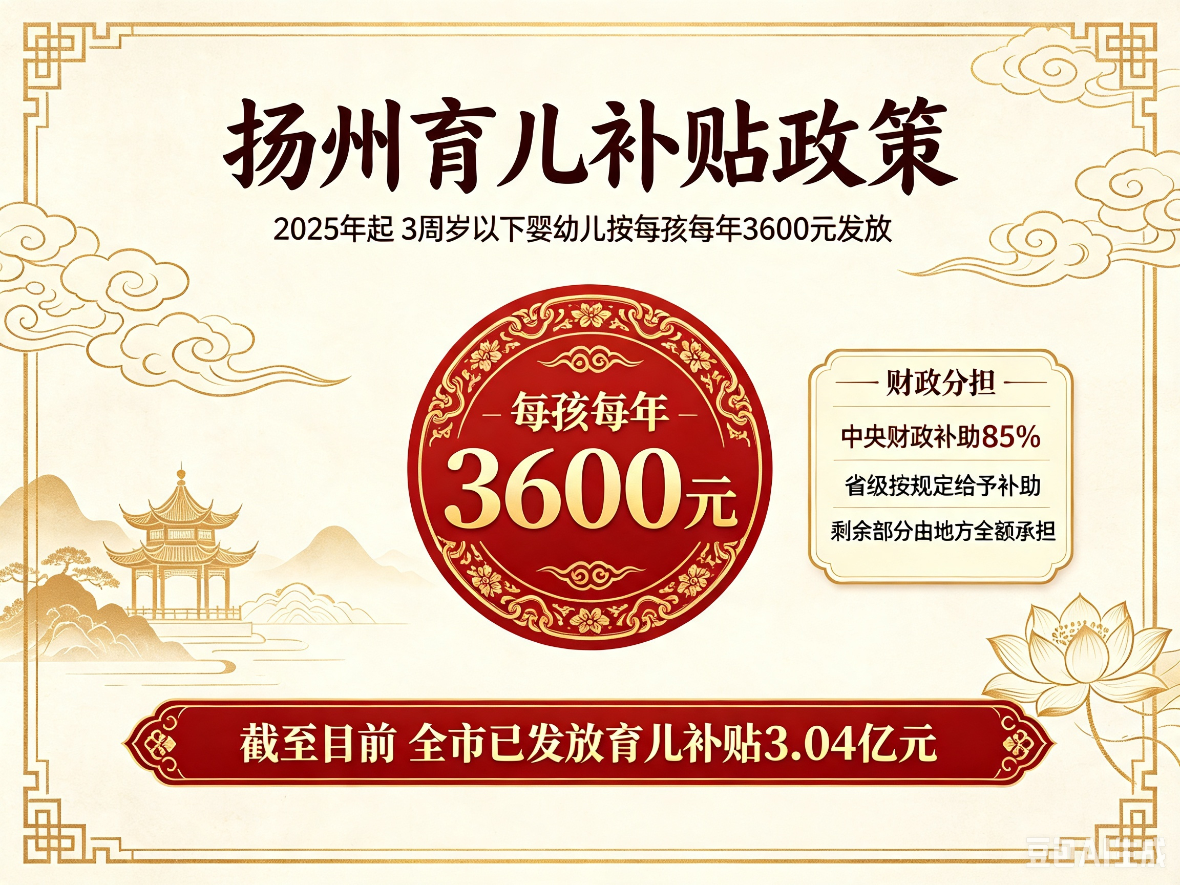 总要来趟江苏吧 【扬州已发放育儿补贴3.04亿元】2025年起，江苏省扬州市对3