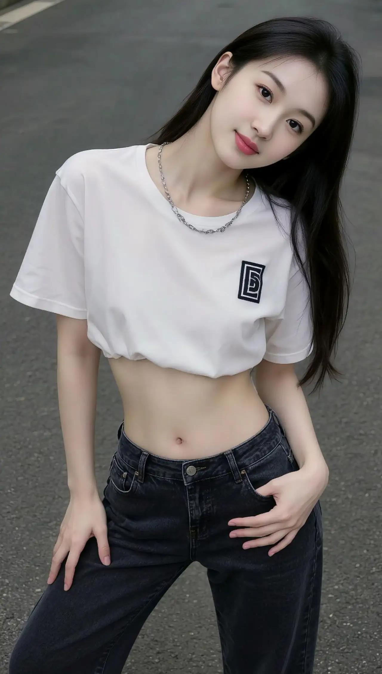 元气少女穿搭指南💕清新白色短袖+牛仔裤，夏日必备！🌟🌺🌴