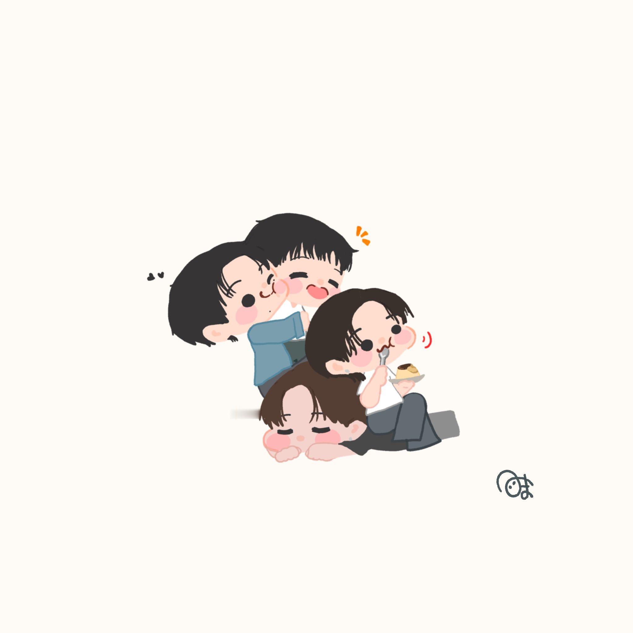 🤎❤️🧡🤍（两只猫忙着贴脸脸，但是咪坐鹅身上吃🍮😆） ​​​