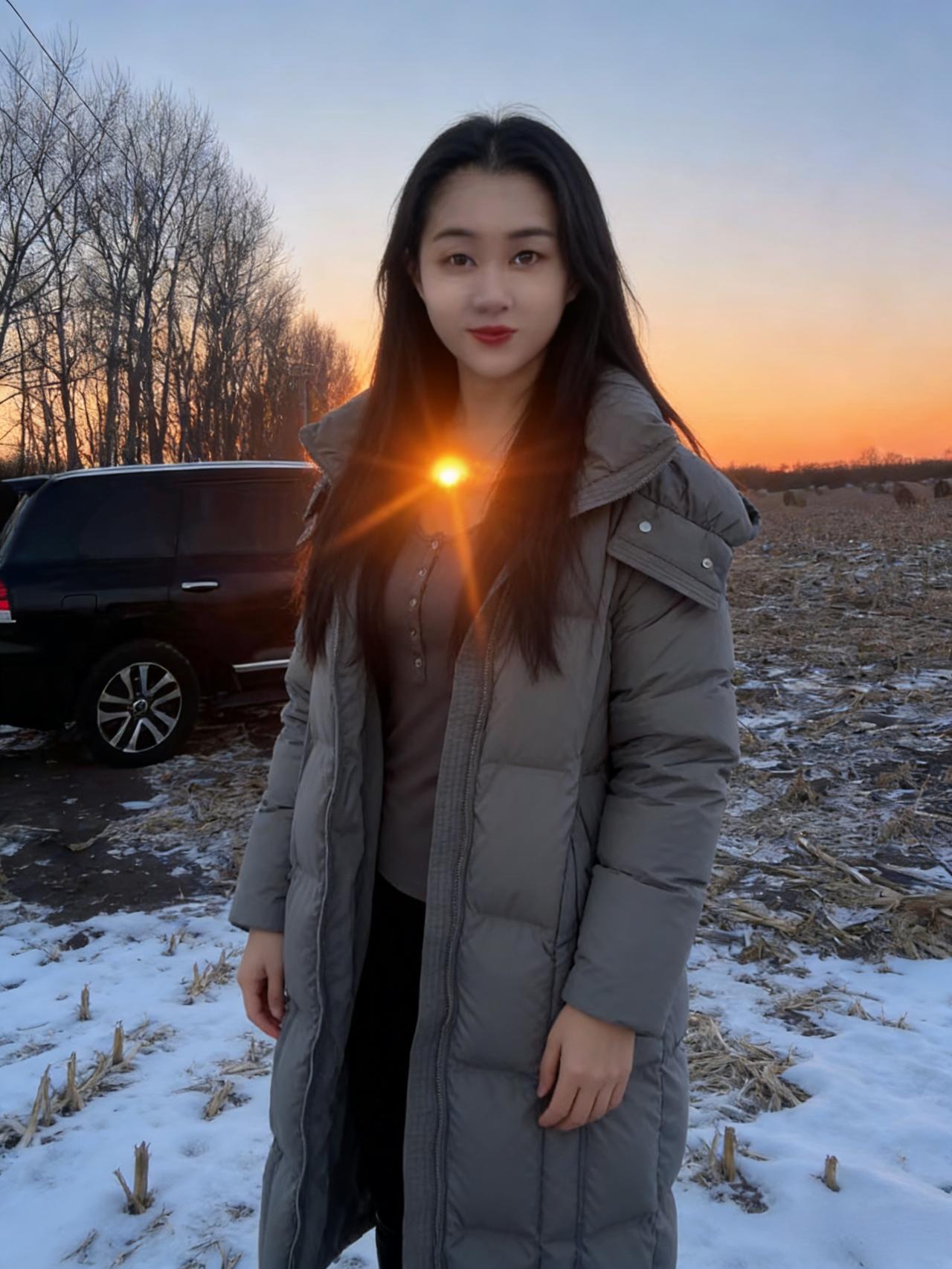 落日把天空烧红
她站在雪与秸秆之间
灰色羽绒服的长摆
被风掀起一角
 ～
逆光的