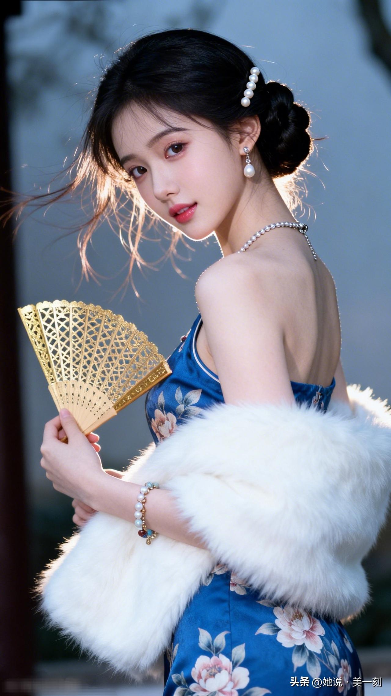 古典优雅，蓝衣美人手持金扇，韵味十足。什么样的女人最令人着迷