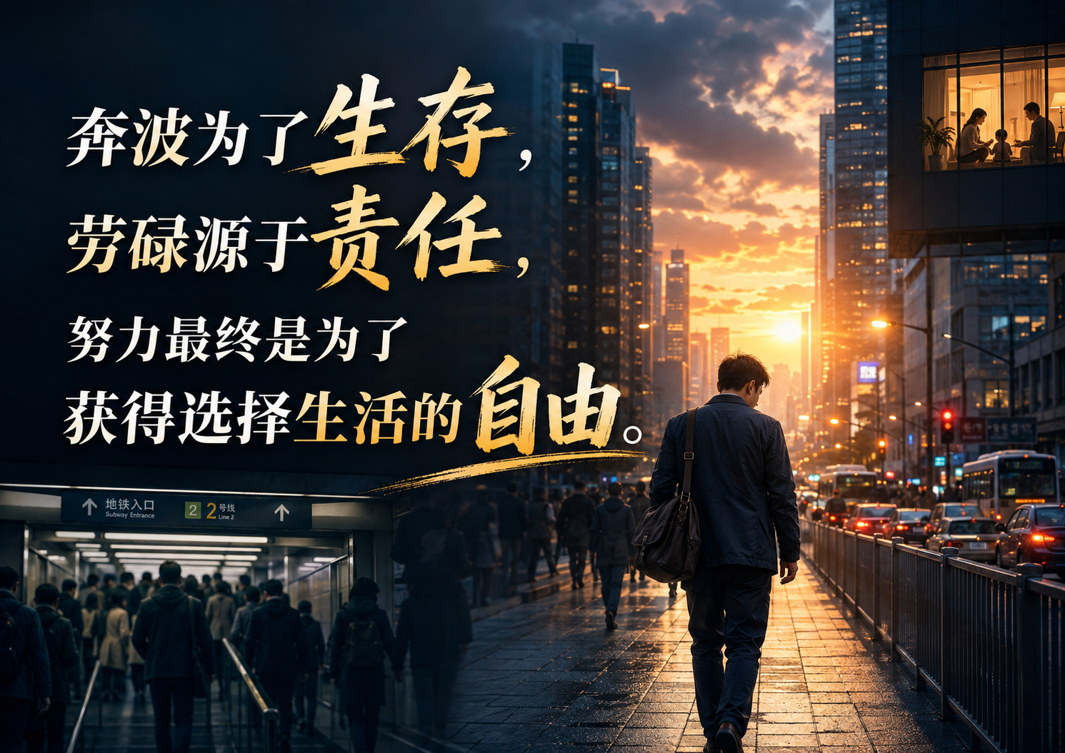 人每天奔波劳碌，究竟是为了什么？清晨六点，城市还没有完全醒来，地铁口已经排起长队