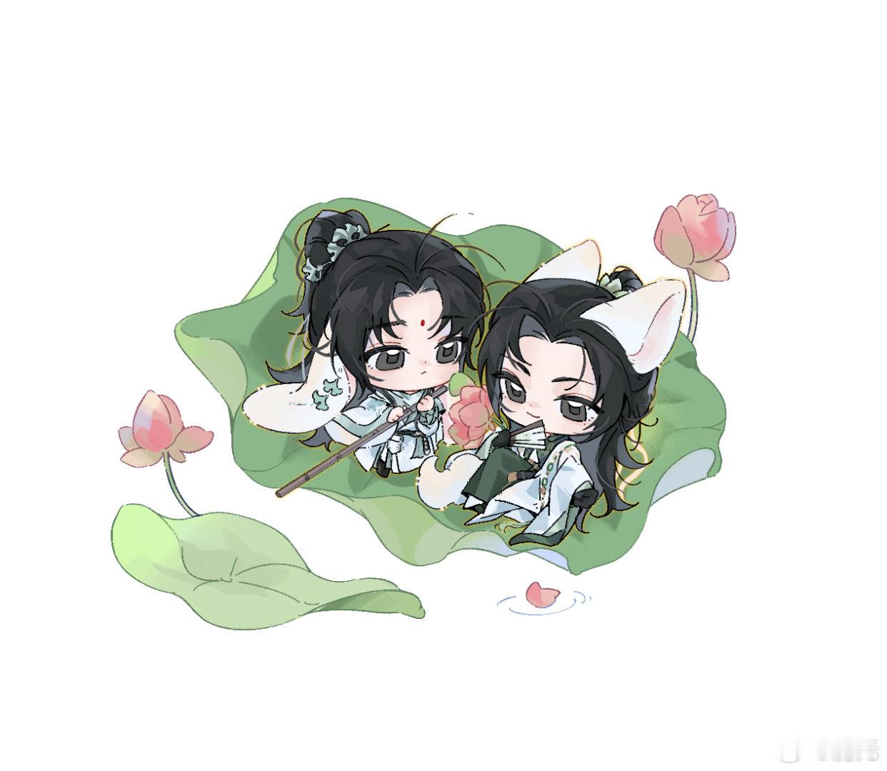 慎奚[超话] 今天医馆不开门因为师徒俩偷溜到西湖，莲叶当船，结伴摸鱼～慎兔努力划