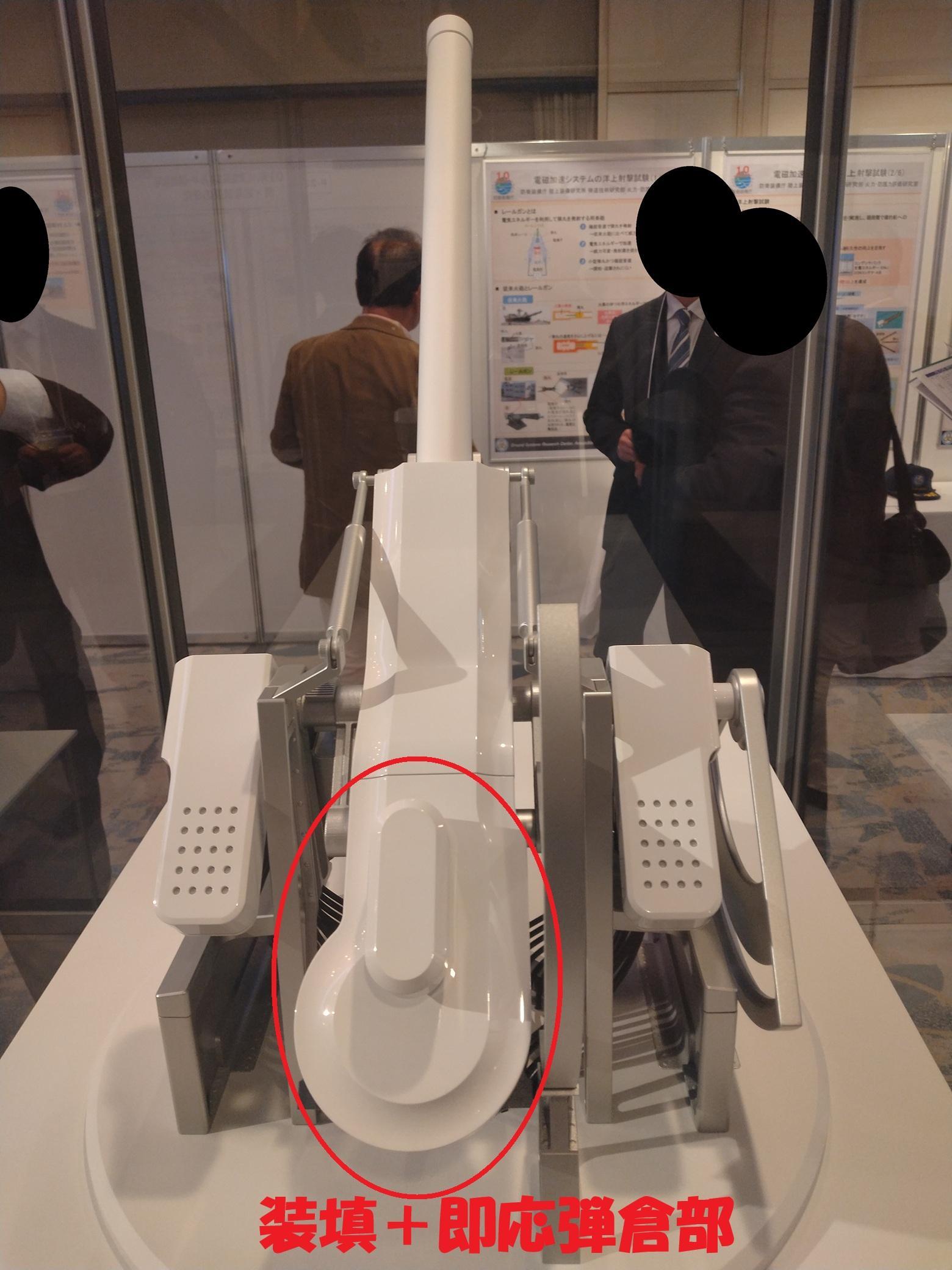 日本展出的1：10电磁轨道炮模型是以127毫米/5英寸舰炮为参考比例设计的，但实