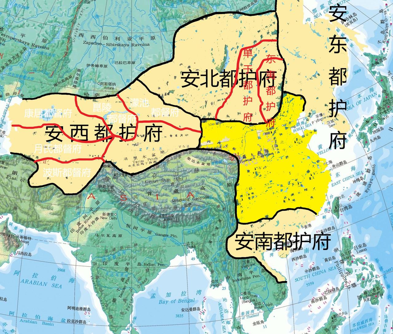 7世纪中期，唐朝为管理广袤的边疆与周边民族，设立了四大都护府，即安西都护府，安北