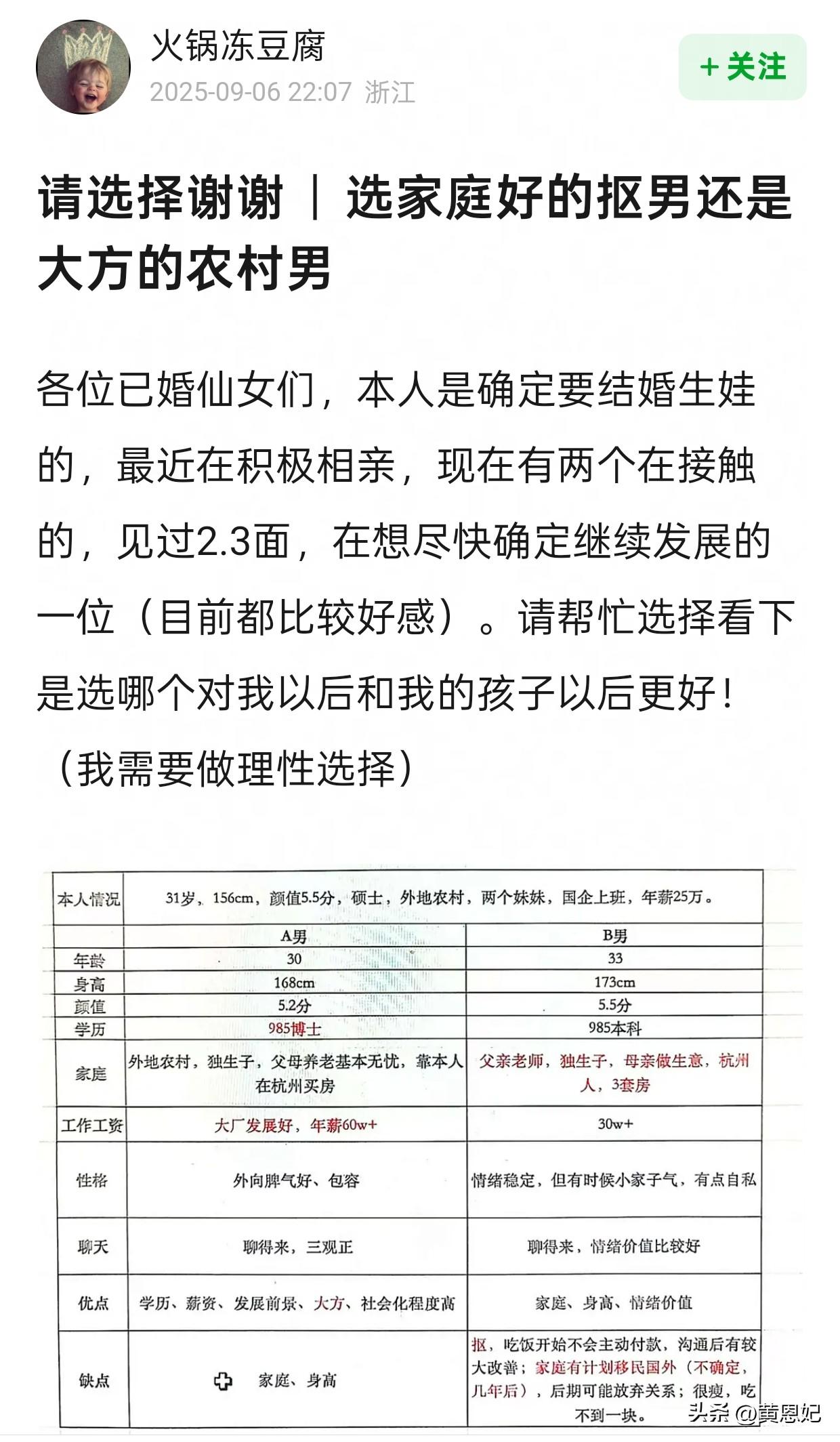 女网友提问:选家庭好的抠男还是大方的农村男?
有没有过来人说说你的看法