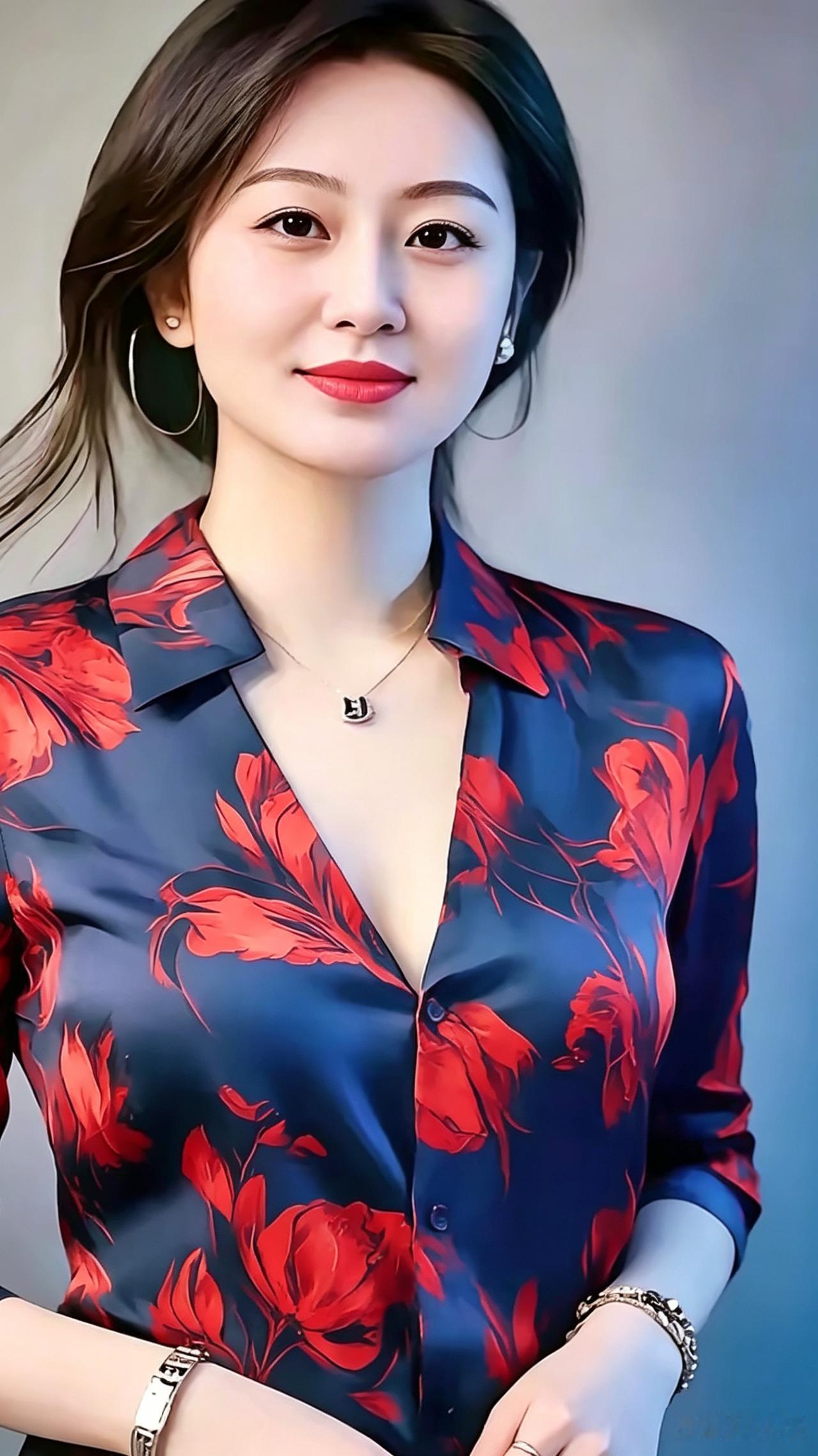 蓝锦裁裳藏碎蕊，清姿柔媚韵流霞。
眸含秋水神尤静，唇染胭脂态愈嘉。
素颈玲珑垂细