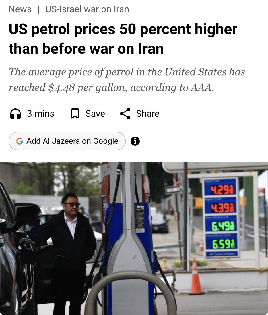 外媒：美国汽油价格较伊朗战争前上涨50%，目前均价已达每加仑4.48美元（约合每