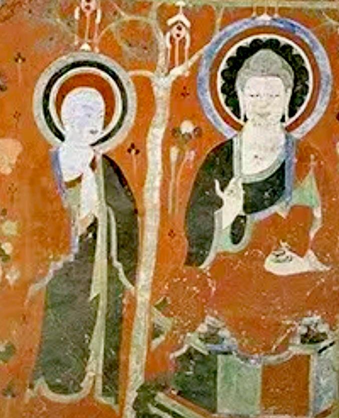 莫高窟随代壁画。隋文帝杨坚，以贵戚地位取代北周，南下灭陈，结束，近三百年九州大地分裂局面。再次统一中原。隋文帝开明，实行均田、薄赋，减轻了长年战乱带给人民的苦难，使得休养生息。在执政的二十余年间，政治，经济都取得了显著的成果。隋文帝，自小受佛教思想的熏陶，义加之迷信符谶，他认为能得天下“乃佛教之力”。提倡信仰佛教。隋文帝有鲜卑血统，鲜卑姓氏“普六茹”，但，杨坚先祖是正统的汉人。