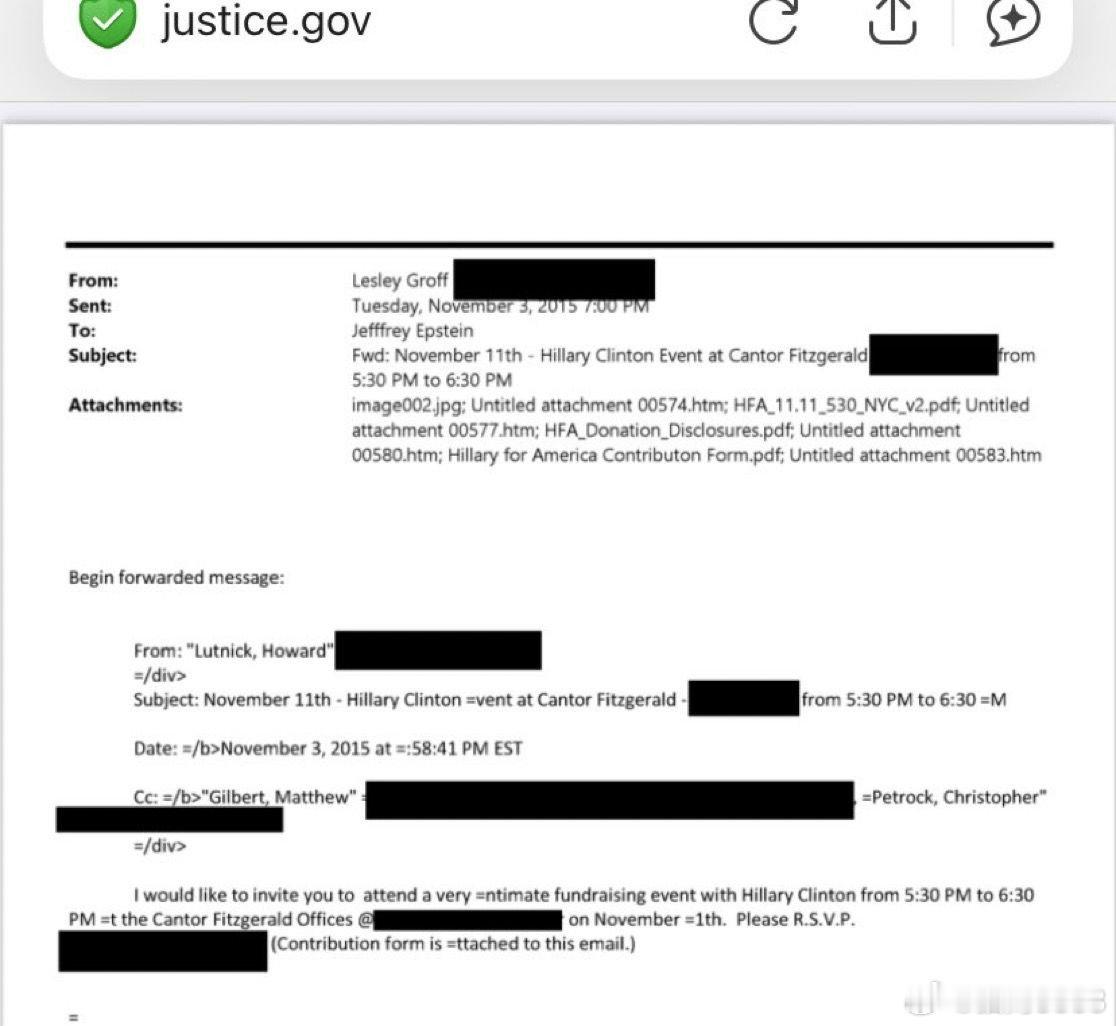 🚨🇺🇸突发新闻——爱泼斯坦档案：邮件显示曾邀请希拉里·克林顿参加2015年