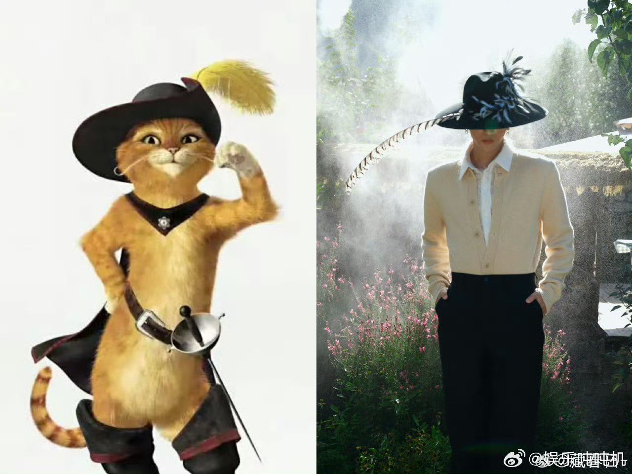黄子弘凡cos靴子猫 羽毛小礼帽一戴，绅士气质直接拉满，再配上那慵懒又灵动的眼神