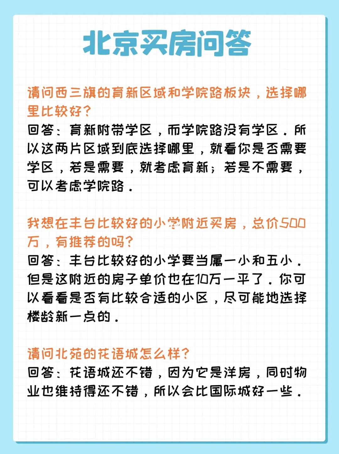 北京买房问答：西三旗、学院路、新北苑