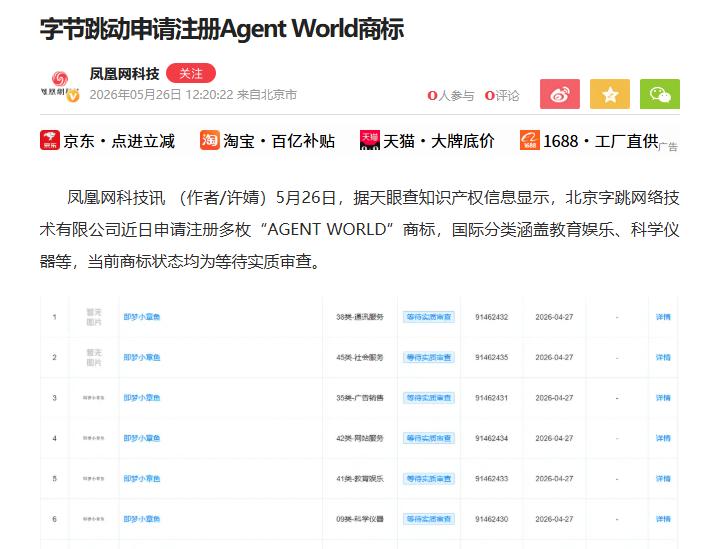 字节申请Agent World商标
 
据悉，近日字节跳动申请了多枚“Agent