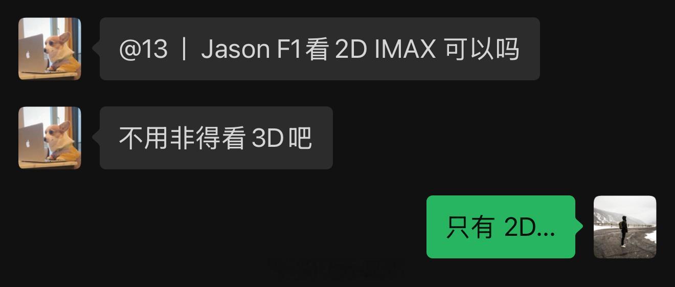 他问：「F1 看2D IMAX 可以吗？不用非得看3D吧？」我甚至花了点时间自我