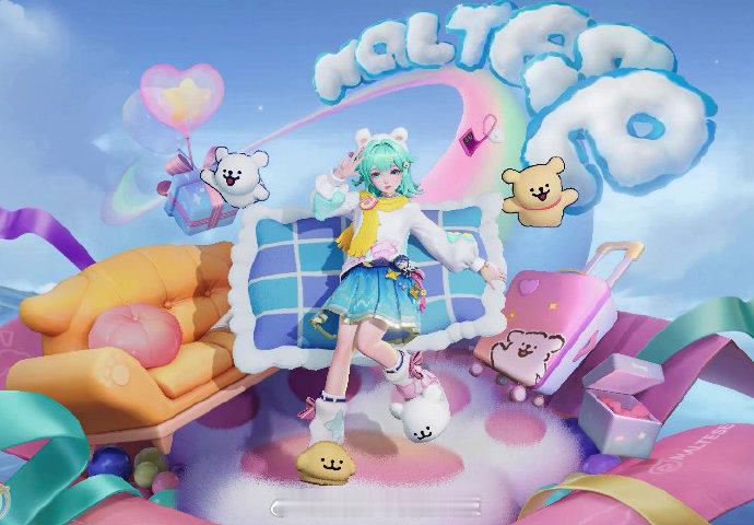 小乔不梳丸子头了王者荣耀 小乔特效以粉蓝色为主并穿插线条小狗图标元素，武器扇子也