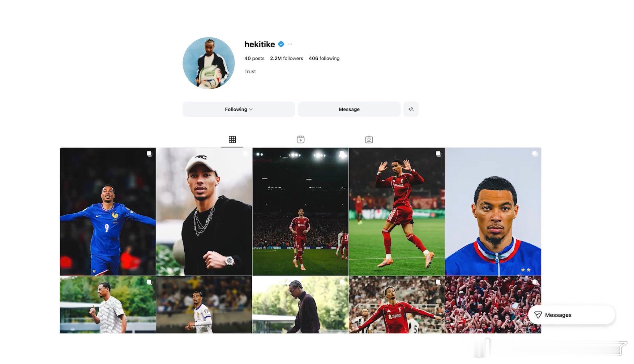 雨果谈到他有两个Instagram账号他说他的主账号基本上只用来发布足球相关的内