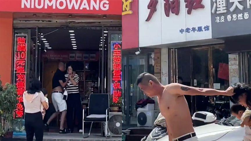 【山东菏泽一男子当街家暴，掐姐姐脖子扯妻子头发 警方通报:已调解】据东明公安通报