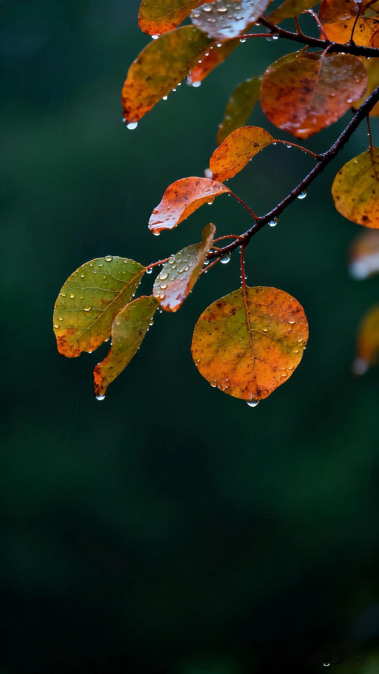 雨天邂逅斑斓秋叶，雨滴挂在叶尖，像给叶子戴了水晶项链，美到心颤～