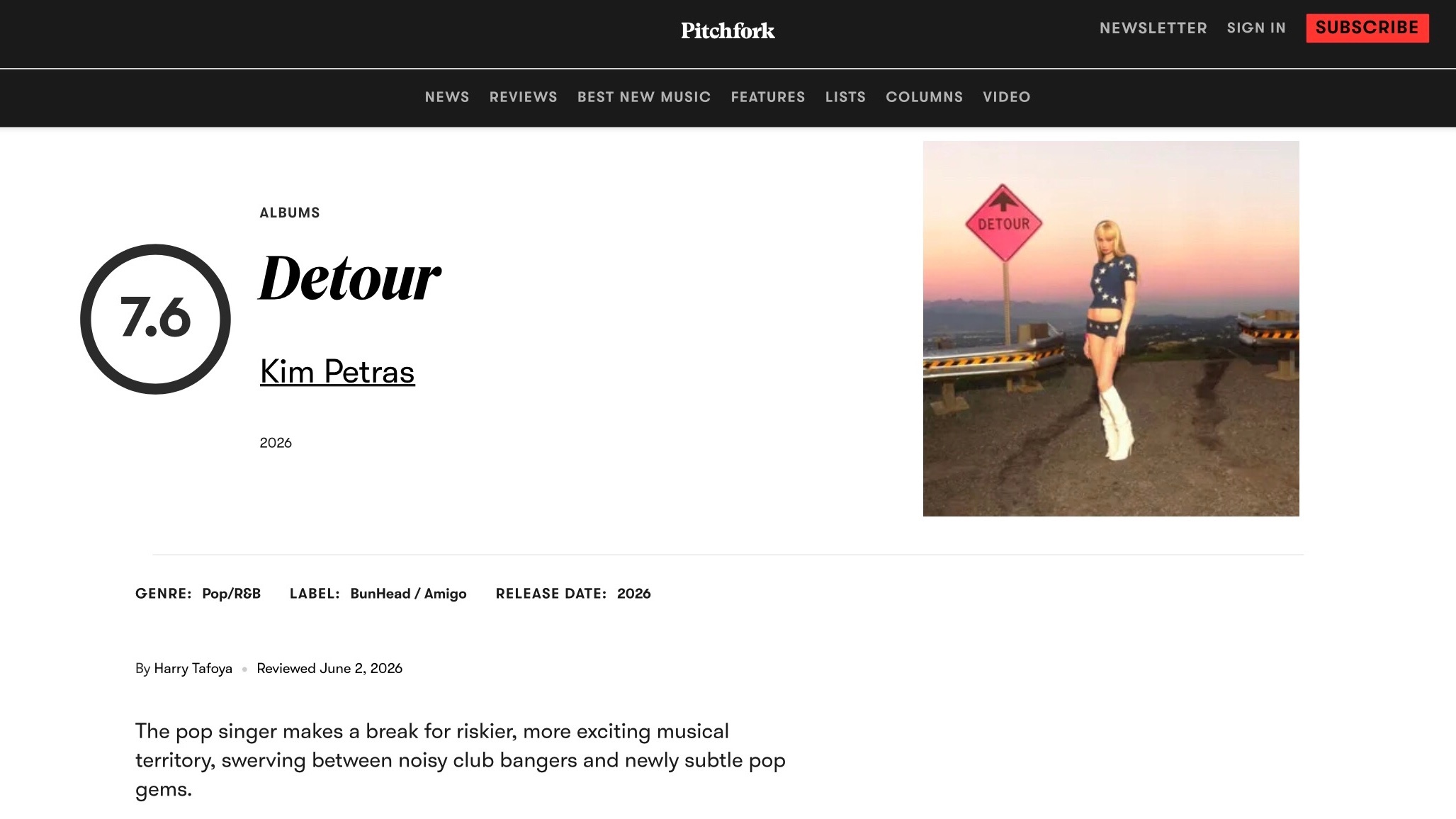 【乐评速递】Kim Petras 全新专辑『Detour』获乐评机构 Pitch